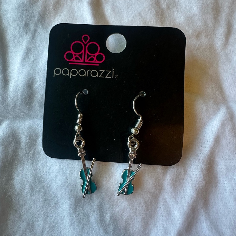 Paparazzi Silver and Blue Violin Earrings